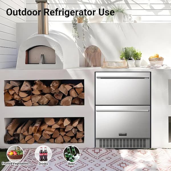 23.42 in. Single Zone 149 Cans Double Drawer Fridge Weatherproof Outdoor Beverage and Wine Cooler in Stainless Steel