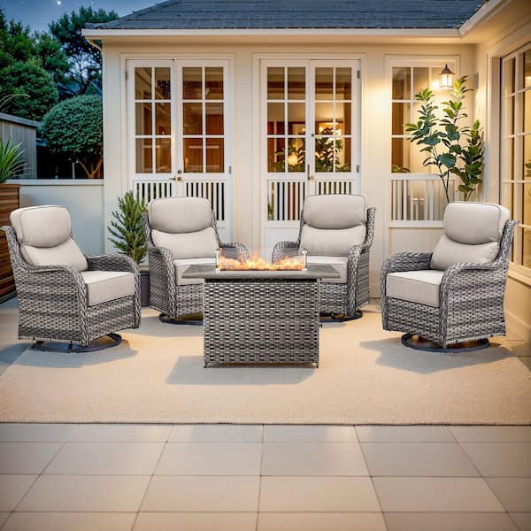 MoonLuxe Gray Wicker Fire Pit Conversation Set with Beige Olefin 6 in. Thick Cushions Patio Swivel Chairs (5-Piece)