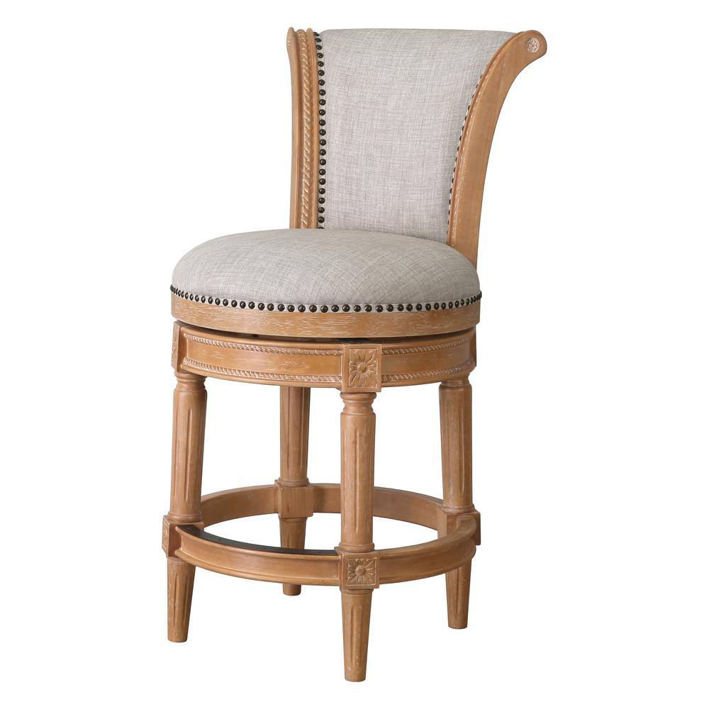 Chapman 26" Weathered Natural Wood Swivel Counter-Height Barstool with Gray Upholstery