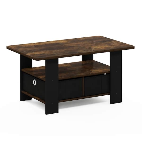 Furinno Andrey 18.9 in. Amber Pine/Black 15.6 in. Rectangle Wood Coffee Table with Bin Drawer