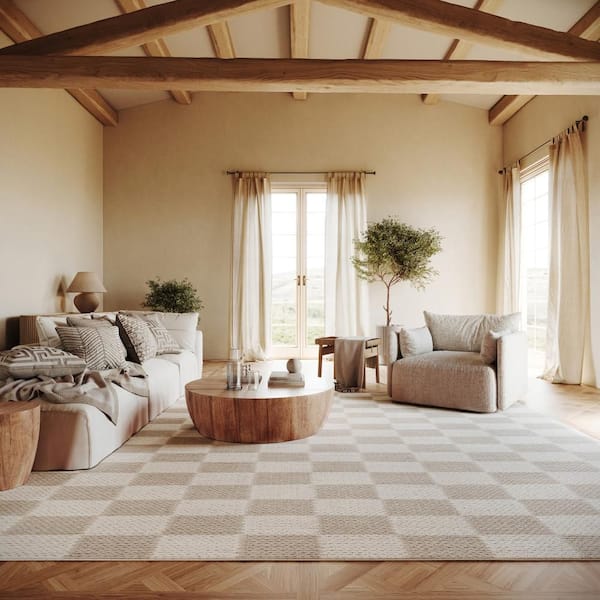 Hazina Modern Checkered Beige 9 ft. x 12 ft. Indoor Area Rug