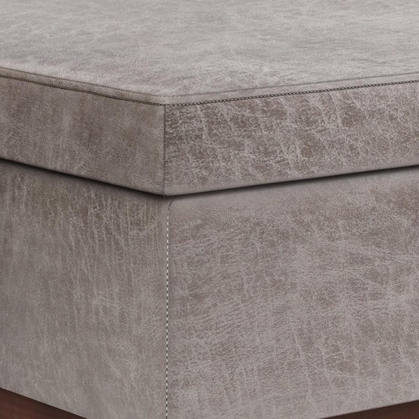 Simpli Home Owen Tray Top Small Coffee Table Storage Ottoman in Distressed Grey Faux Leather