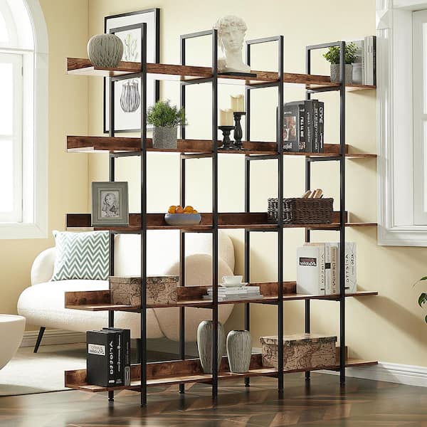 70.87 in. Brown MDF Board Wooden 5-Shelf Accent Bookcase with Metal Frame Vintage Industrial Home Office Open Bookshelf