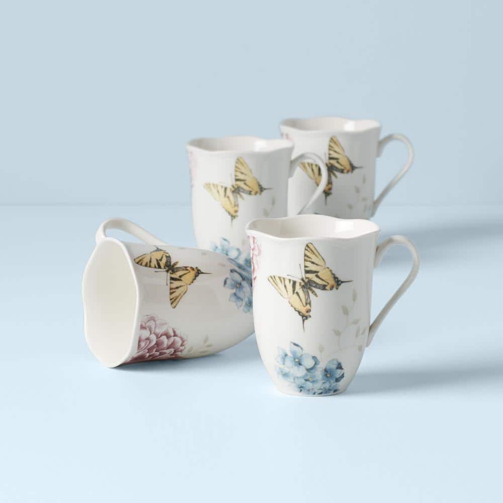 White Ceramic Butterfly and Hydrangea Graphic Detail Mug Set of Four