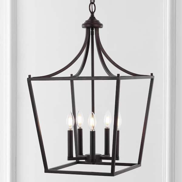 JONATHAN Y Camden 16 in. 5-Light Oil Rubbed Bronze Iron Classic Midcentury Farmhouse Lantern Pendant Light