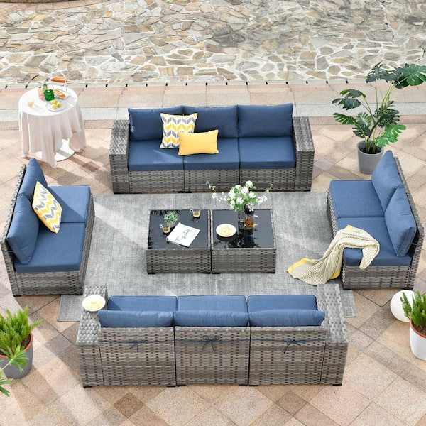 OVIOS Bissty Gray 12-Piece Wicker Wide Arm Patio Conversation Set with Denim Blue Cushions