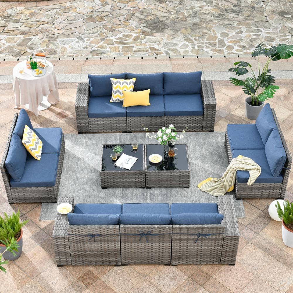 OVIOS Marvel Gray 12-Piece Wicker Wide Arm Patio Conversation Set with ...