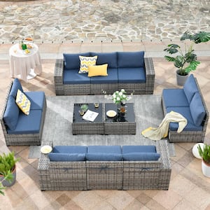 Marvel Gray 12-Piece Wicker Wide Arm Patio Conversation Set with Denim Blue Cushions