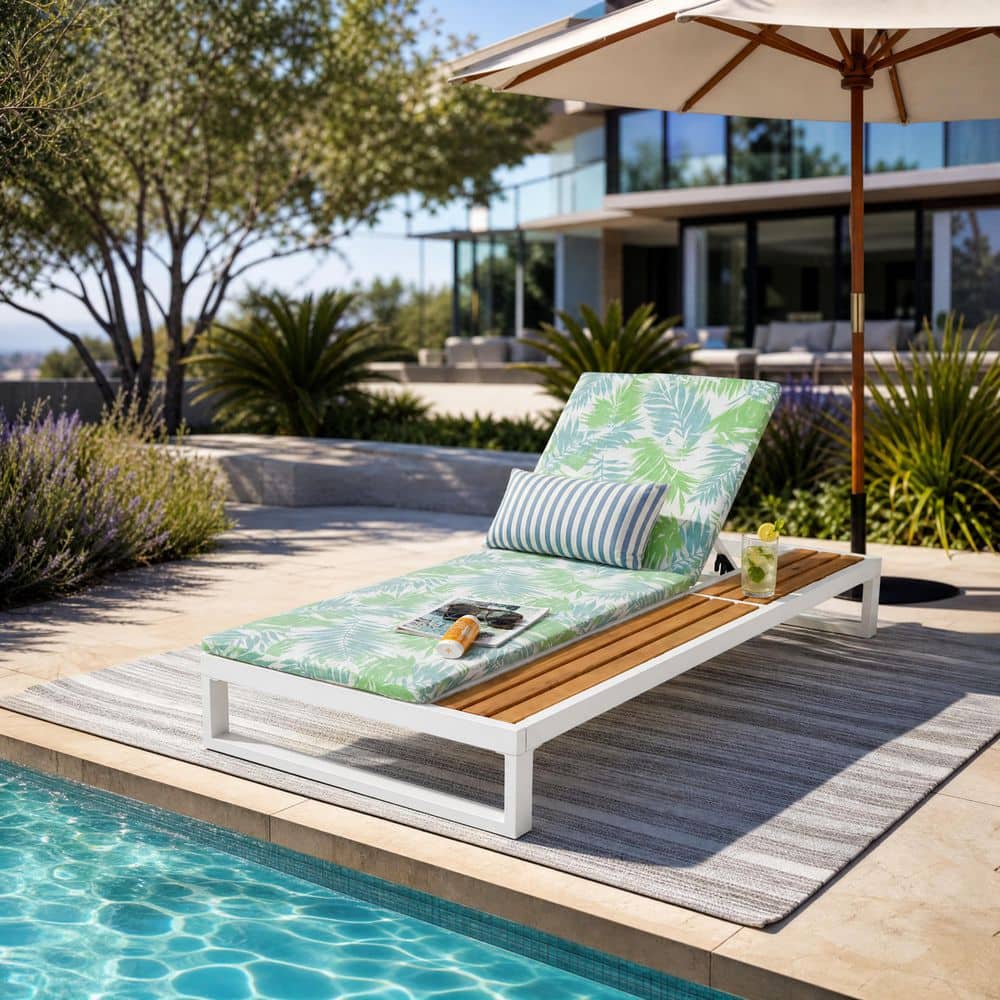 Aleva White Iron + Teak Finish Outdoor Patio Chaise Lounge with 2-Fold Leaf Coconut Cushion
