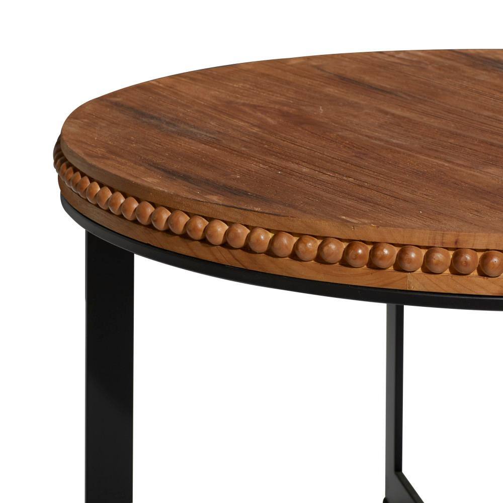 Beaded Edge Brown Wood Round Coffee Table with Metal Accents