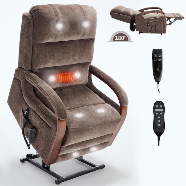 Brown Chenille Power Lift Recliner Chair with Dual Motor, Heat Massage, Solid Wood Arms, 350 lbs Capacity