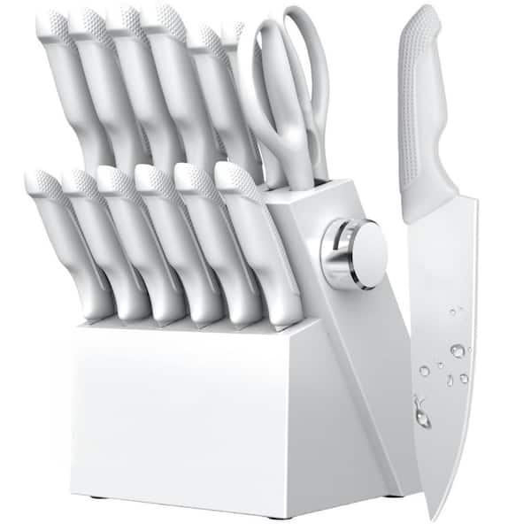 14-Piece Stainless Steel Kitchen Knife Set with Block and Built-in Sharpener, White Knife Block Set for Kitchen