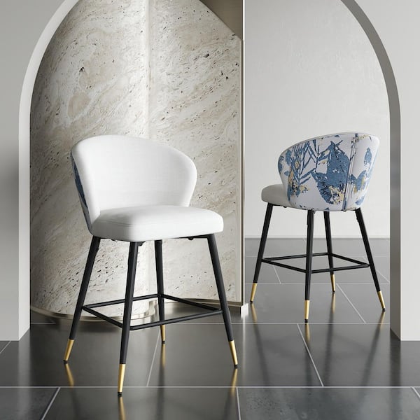 Kaedros 28 in. Upholstered Jacquard Wingback Counter Stools with Metal Footrest, Metal, Floral + White, Set of 2