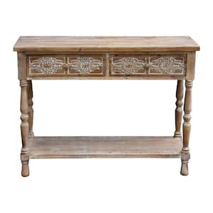 42.125 in. Natural Wood with Whitewashed Retro Rectangle Wood Console Table with 2-Carved Accent Drawers