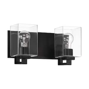 McClane 14 in. 2-Light Flat Black Finish Vanity Light with Clear Glass Shade
