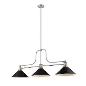 Melange 3-Light Brushed Nickel Billiard Light with Metal Matte Black Shade Island or with No Bulbs Included