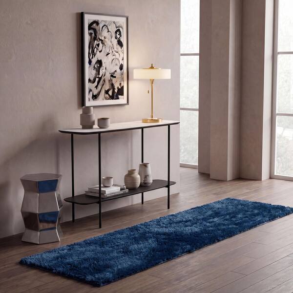 Rainbow Shag 2 ft. x 6 ft. Navy Solid Runner Rug