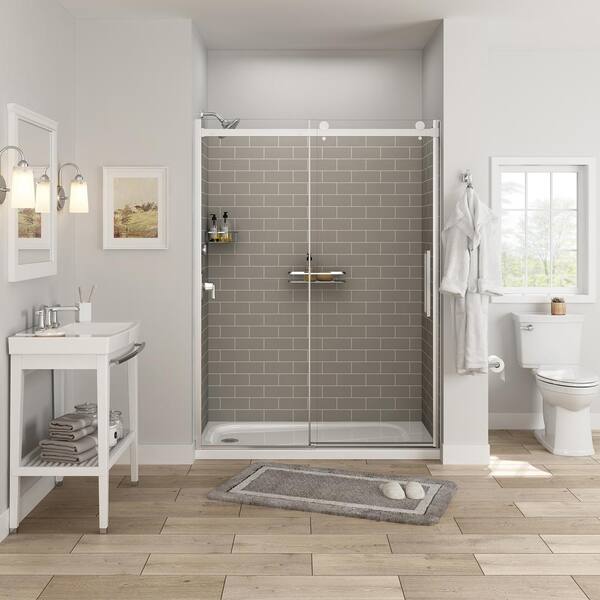 Alcove Shower Wall In Gray Subway Tile, Tiled Shower Panels
