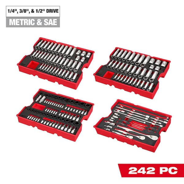1/4 in. and 3/8 in. and 1/2 in. Drive Metric & SAE Ratchet & Socket Set with Trays for PACKOUT Drawers (242 Piece)