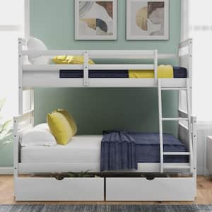 White Twin Over Full Bunk Bed with Two Storage Drawers and Ladder, Convertible Wood Kids Bunk Bed with Saferail