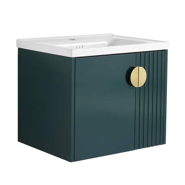 Unbranded 24 in. W x 18.5 in. D x 20.69 in. H Single Sink Wall-Mount Bath Vanity in Green with White Ceramic Top for Bathroom