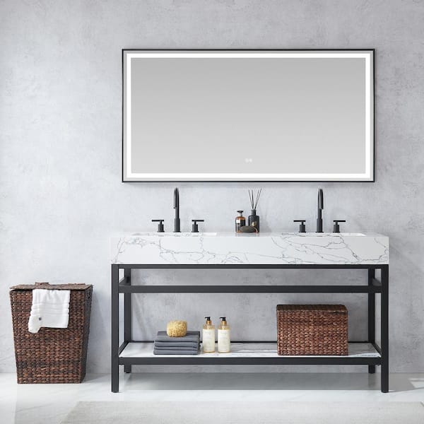 ROSWELL Ecija 60 in.W x 22 in.D x 33.9 in.H Double Sink Bath Vanity in Matte Black with White Stone Top