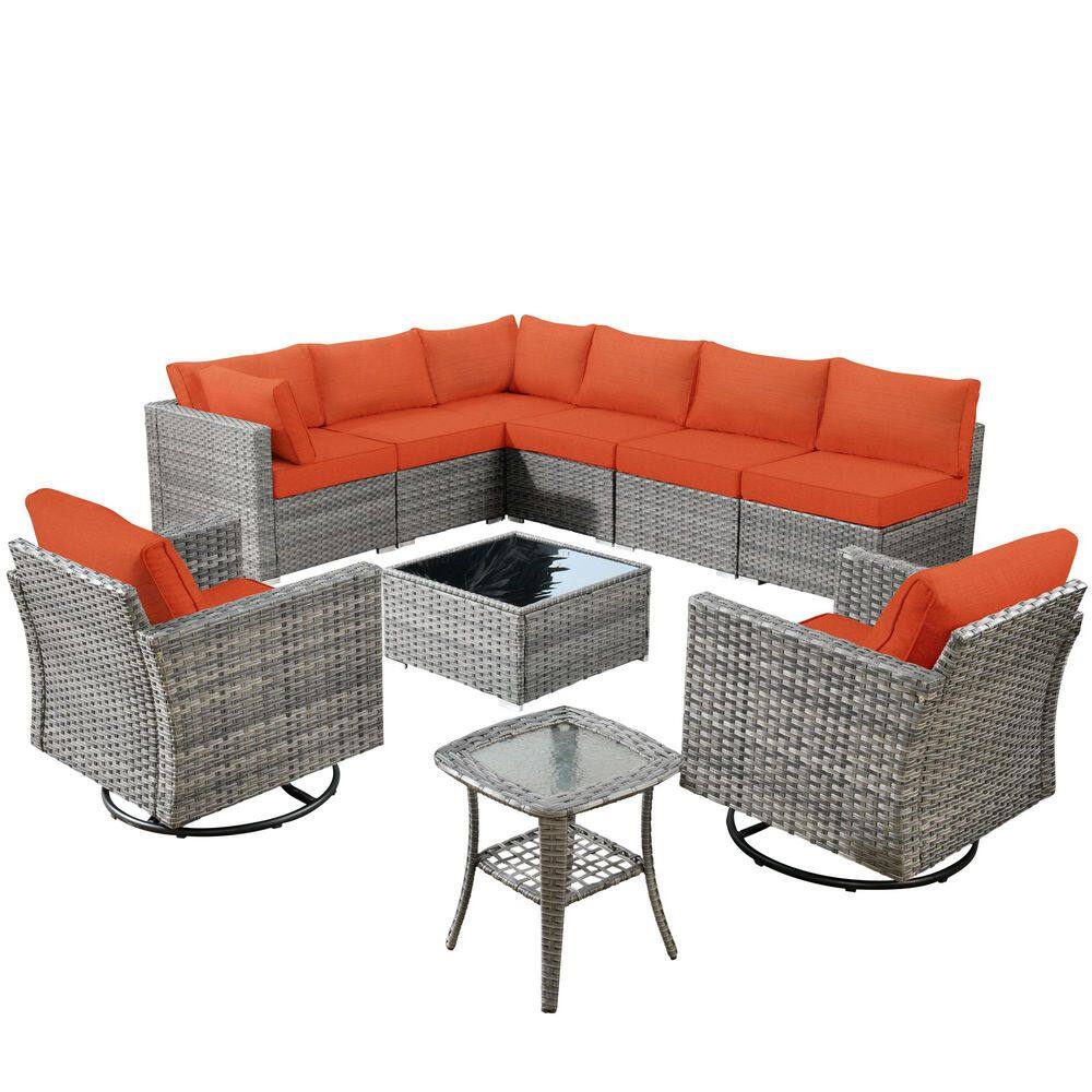 Mirada Gray 10-Piece Wicker Outdoor Patio Sectional Furniture Set with Swivel Chairs and Brick Red Cushions price history on PriceWatchPro