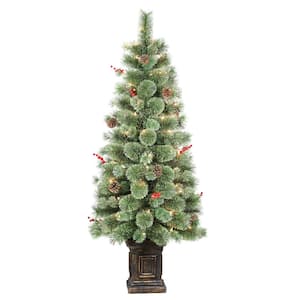 Pre-Lit 4.5 ft. Green Potted Natural Pine Artificial Christmas Tree with 70-Lights