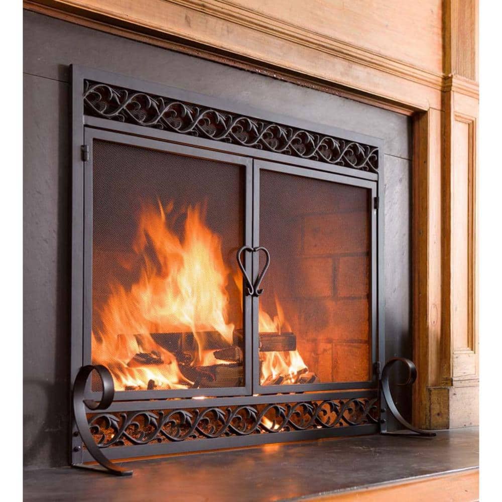 Large Black Cast Iron Scrollwork Fireplace Screen with Dual Doors