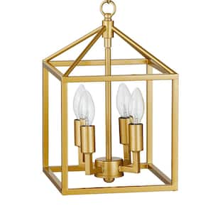 4-Light Gold Modern Geometric Lantern Chandelier with Open Metal Cage Frame