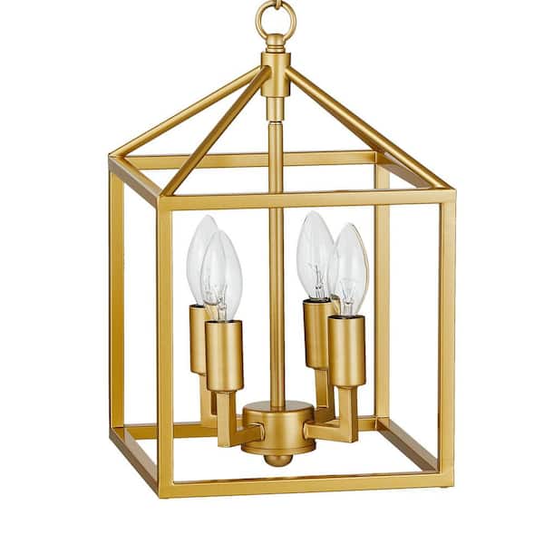 Merra 4-Light Gold Modern Geometric Lantern Chandelier with Open Metal Cage Frame