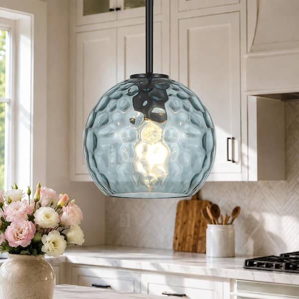 RayHome 1-Light Modern Coastal Blue Adjustable Pendant Light with Globe Hammered Glass Shade for Kitchen Island Bedroom
