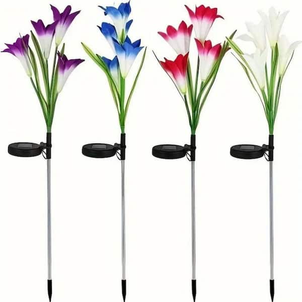 4-Pack Solar Lights With 16-Bigger Artificial Lily Flowers, Multi-Color Changing Lights, Solar Garden Decor Lights