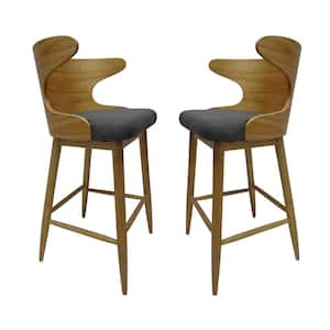 Rubber Wood Outdoor Bar Stool Modern Upholstered Barstools with Gray Cushion for Indoor Bar Dining Kitchen (Set of 2)