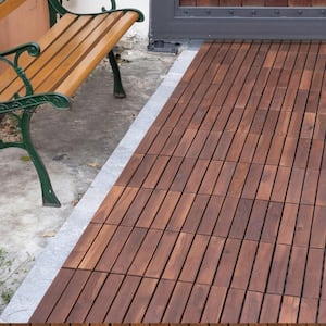 12 in. x 12 in. Striped Pattern Acacia Wood Interlocking Flooring Deck Tiles Square Outdoor Patio Brown Pack of 10 Tiles