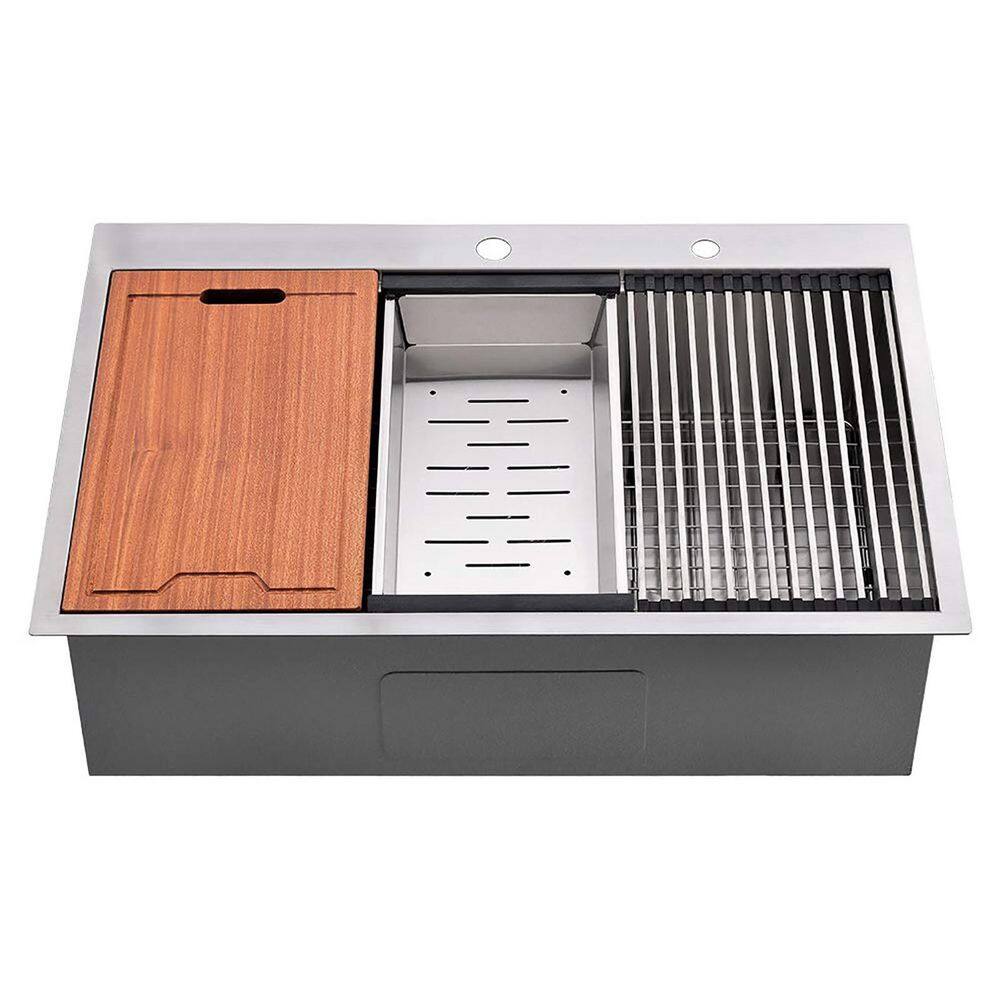 30 in. Drop-In Single Bowl Brushed Nickel Stainless Steel Workstation Kitch