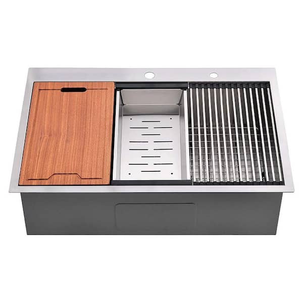 Unbranded 30 in. Drop-In Single Bowl Brushed Nickel Stainless Steel Workstation Kitchen Sink with Cutting Board and Colander