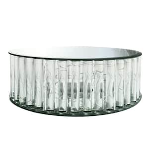 1-Tier Clear Round Mirror LED Fairy Light Up Glass Columns Cake Stand Dessert Display Tray 12 in.