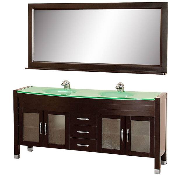 Wyndham Collection Daytona 71 in. Vanity in Espresso with Double Basin Glass Vanity Top in Aqua and Mirror