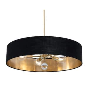 Celine 60-Watt 5-Light Satin Brass Shaded Pendant Light with Fabric Shade and No Bulbs Included