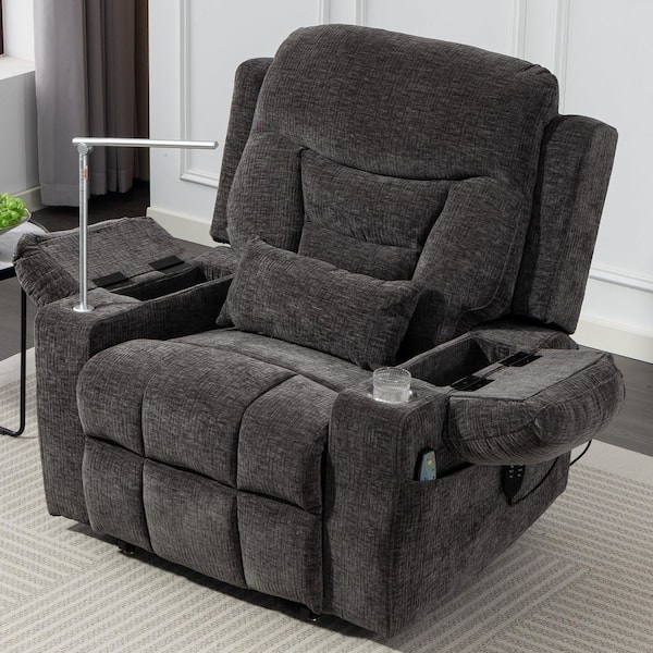 Grey 28" Extra Wide 3-Motor Chenille Zero Gravity Power Lift Recliner with Storage, Reading Light, Massage&Heating
