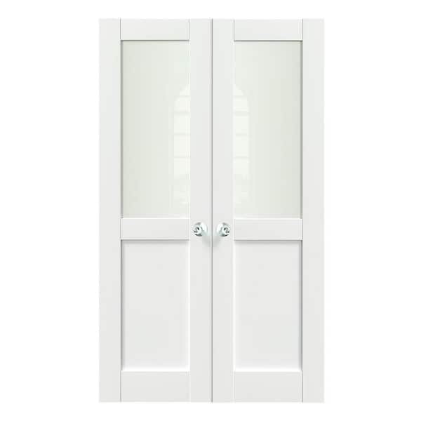48 in. x 80 in. MDF Composite, Primed, White, 1/2 Lite, Frosted Glass Interior Door Slab with Silver Sphere Doorknob