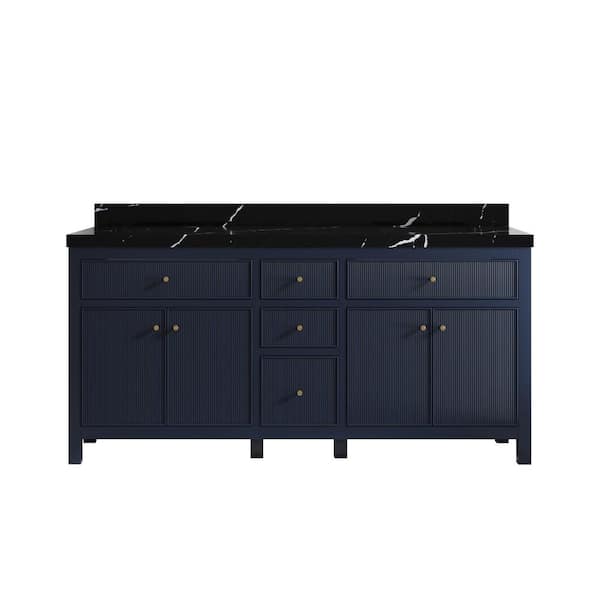Willow Collections Sonoma 72 in. Double Sink Freestanding Navy Blue Bath Vanity with Calacatta Black Qt. Top Unassembled