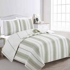 Green Farmhouse Inspired Stripe Full/Queen Microfiber 3-Piece Quilt Set Bedspread