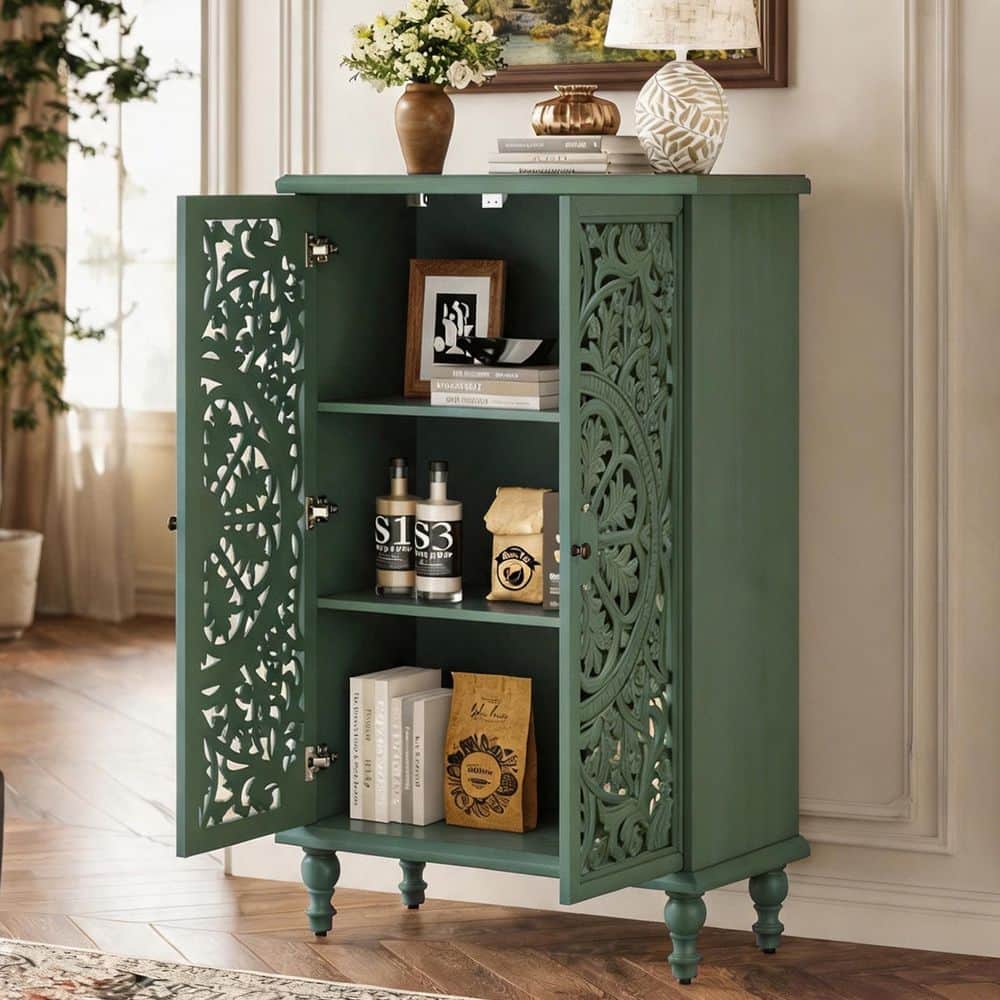 Rectangle Antique Green 47.44 in. H Accent Storage Cabinet with 2 Farmhouse Hollow Carved Doors