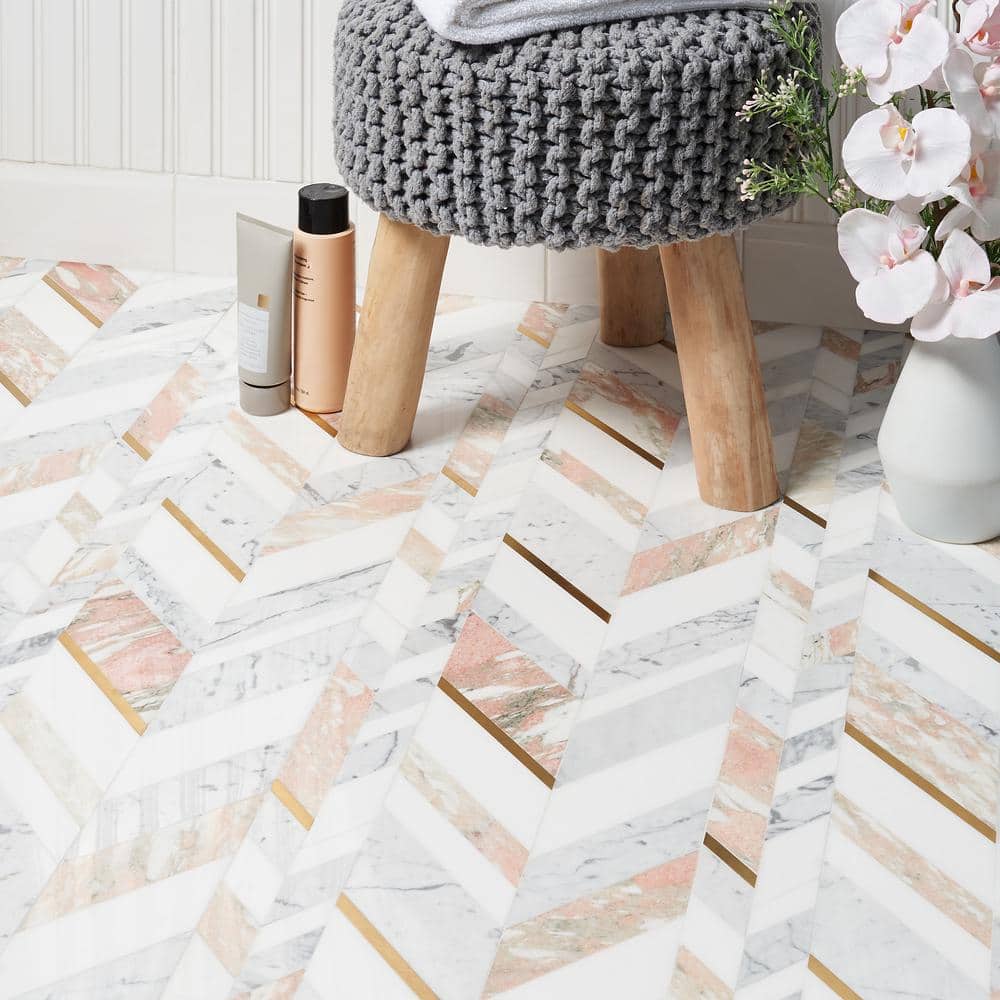 Xander 12" x 18" Polished Marble and Brass Chevron Wall Tile