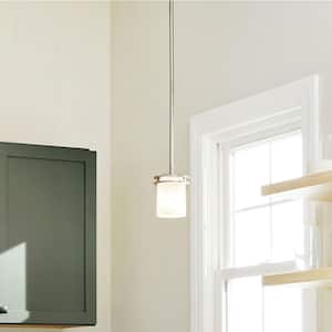 Hendrik 7.5 in. 1-Light Brushed Nickel Contemporary Shaded Kitchen Mini Pendant Hanging Light with Etched Glass
