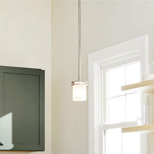Hendrik 7.5 in. 1-Light Brushed Nickel Contemporary Shaded Kitchen Mini Pendant Hanging Light with Etched Glass