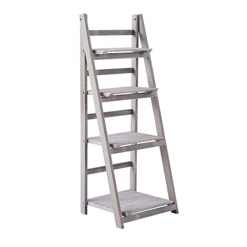 45 in. Gray Foldable Ladder Shelf 4-Tier Patio Rustic Wood Stand with ...