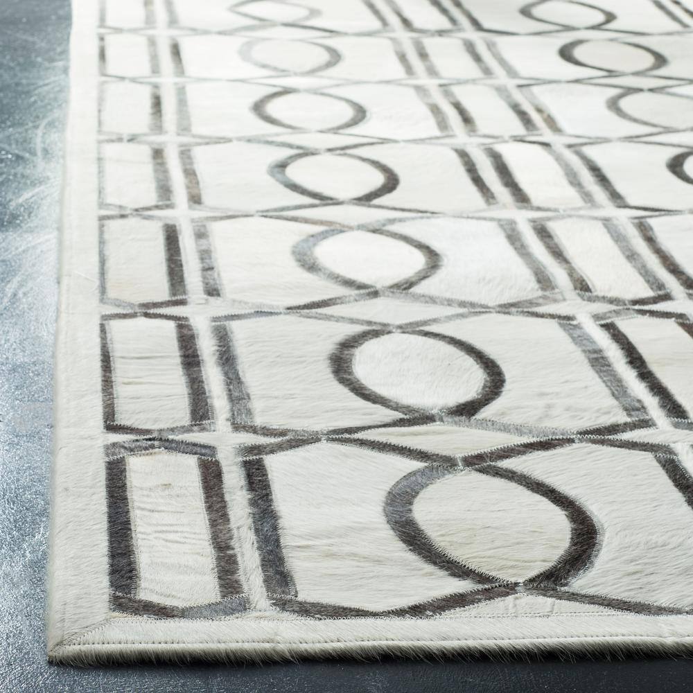Ivory and Gray Hand-Knotted Geometric Cowhide Rug
